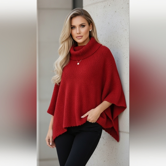 Knit Turtleneck Boho Poncho Shawl Sweater - Picture 1 of 5